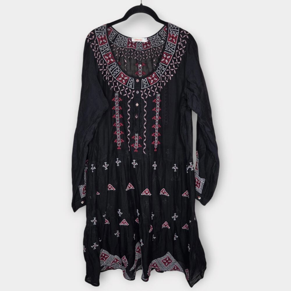 Johnny Was Ava Embroidered Peasant Dress Boho Red White Geometric Women's XL
